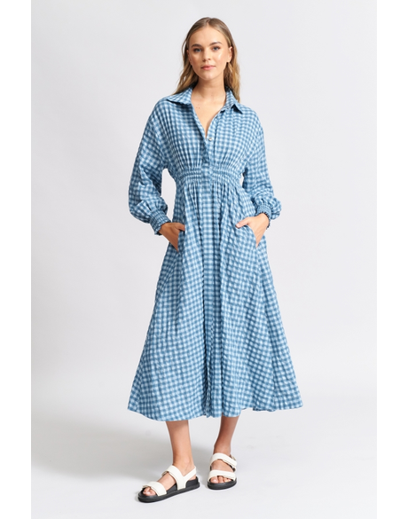 The Shirred Waist Shirt Dress (Blue Gingham)