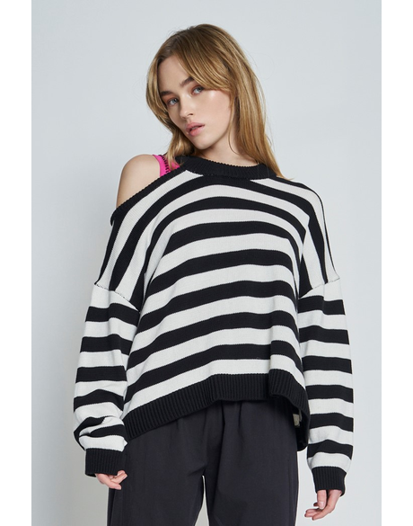 Drop Shoulder Sweater (Black/White Stripe)