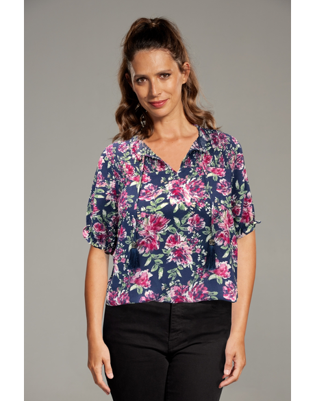 Milan S/S Shirred Top (Blue Peony)