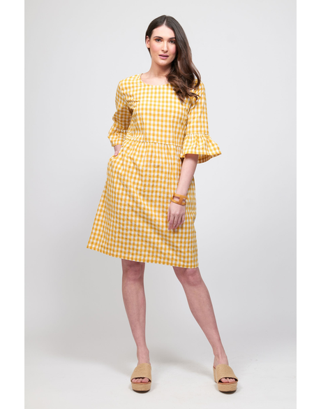 Dress, Gathered Waist (Mustard Check)