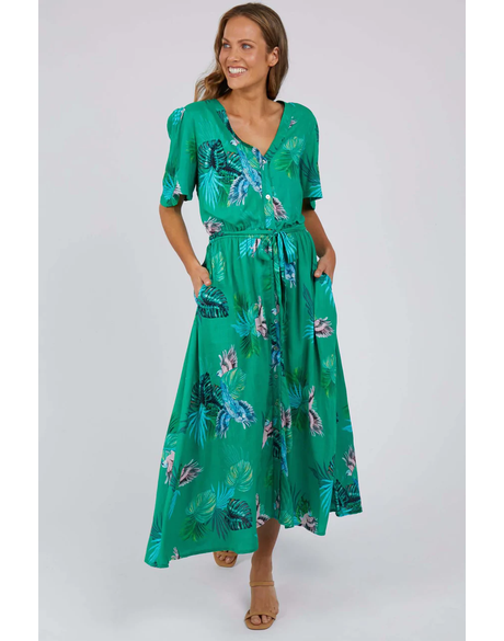 Tropicana Midi Dress (Bright Green Tropical Print)