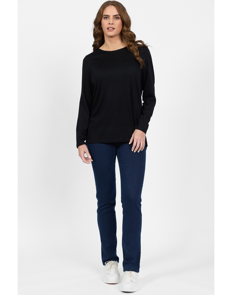 Merino Long Sleeve Top with Back Button Placket (Black)