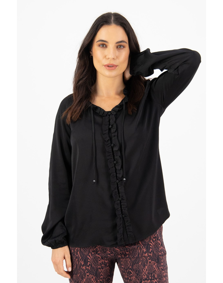 V Neck Top w Front Frill & Neck Ties (Black) - Tops : Just Looking ...