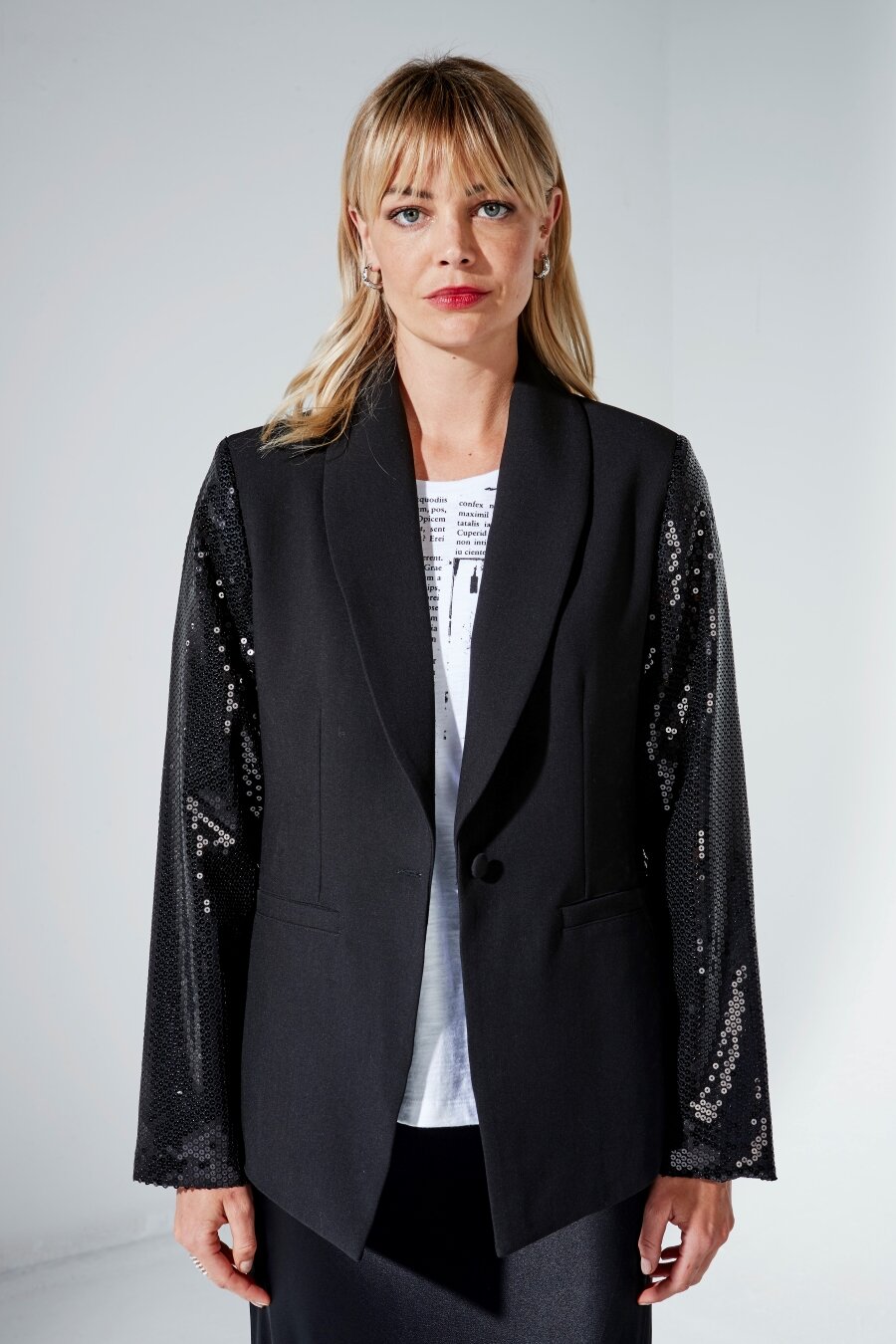 Blazer with sequin clearance sleeves