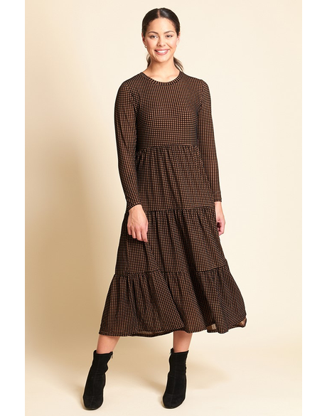 Dress, Long Sleeve, Tiered Hem (Brown Houndstooth)