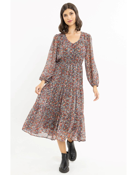 Creative V Neck Midi Dress (Flower Burst)