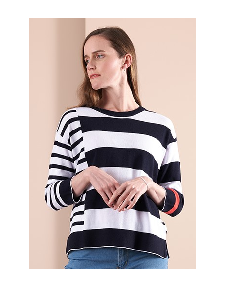 Sweater - Boxy, Stripes (True Navy/White/Coral)