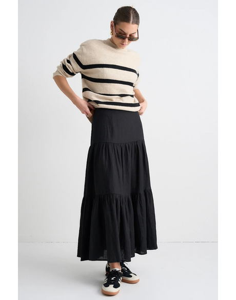 Blazing Black Tiered Linen Midi Skirt