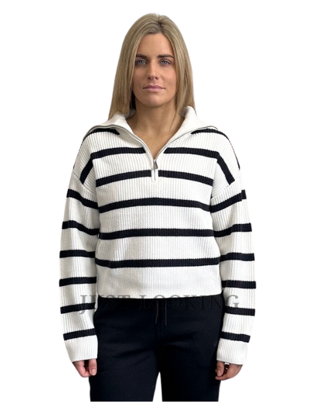 Organically Grown Cotton Blend Stripe Zip Neck Rib Knit