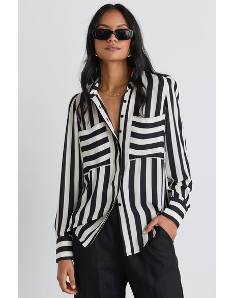 Solidify Black White Stripe Puff Sleeve LS Shirt