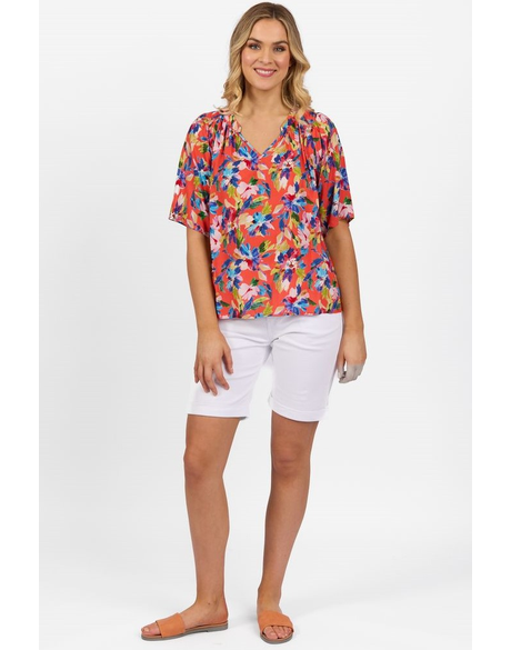 Short Sleeve V Neck Top with Shirred Shoulders 