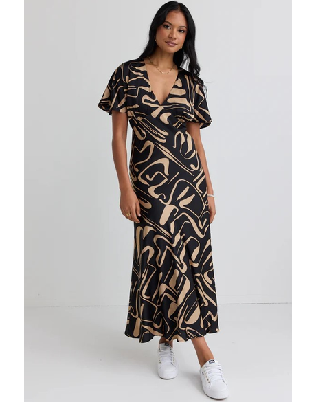 Anticipate Abstract Satin Kimono Bias Maxi Dress