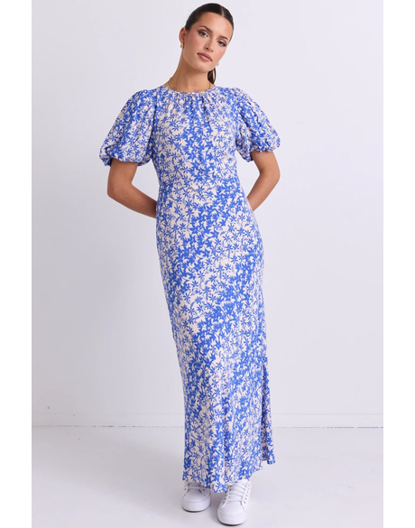 Astrid Blue Floral Puff Sleeve Bias Maxi Dress