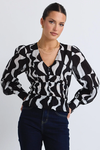 Fabled Black Wave Print Button Front Fitted Long Sleeve Top 