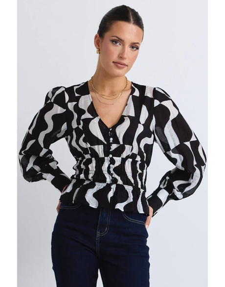 Fabled Black Wave Print Button Front Fitted Long Sleeve Top 