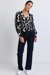 Fabled Black Wave Print Button Front Fitted Long Sleeve Top 