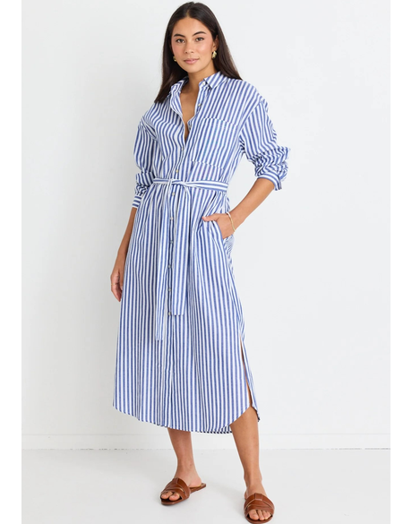 Forward Blue Stripe Cotton Midi Shirt Dress