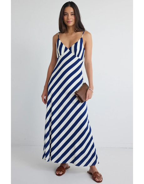 Otherworldly Navy Stripe Bias Slip Midi Dress