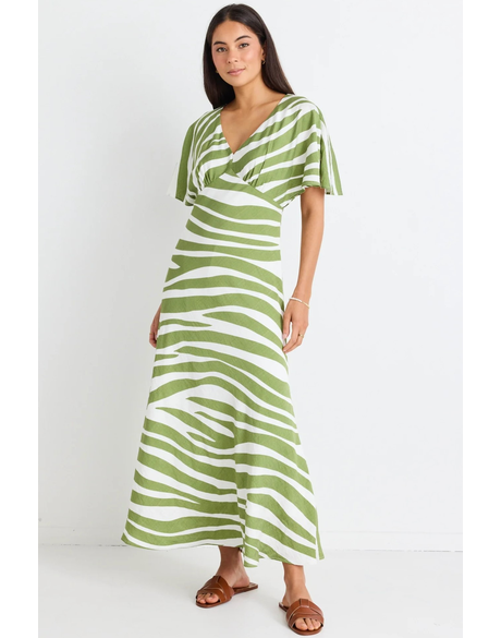 Anticipate Green Zebra Kimono Short Sleeve Bias Maxi Dress