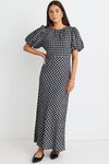 Astrid Black Check Puff Sleeve Bias Maxi Dress