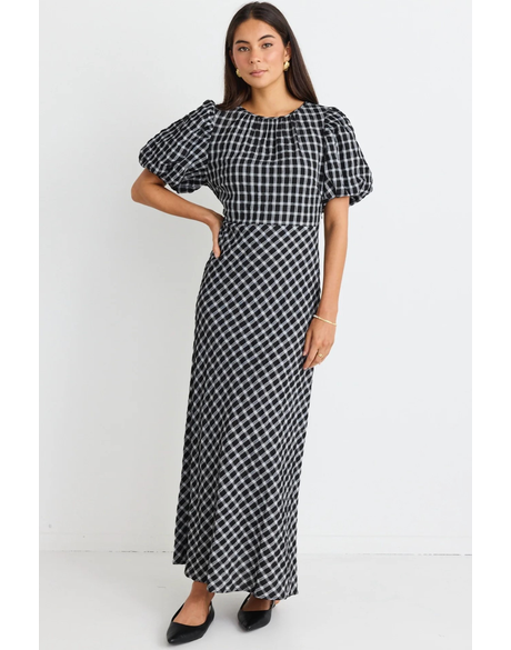 Astrid Black Check Puff Sleeve Bias Maxi Dress