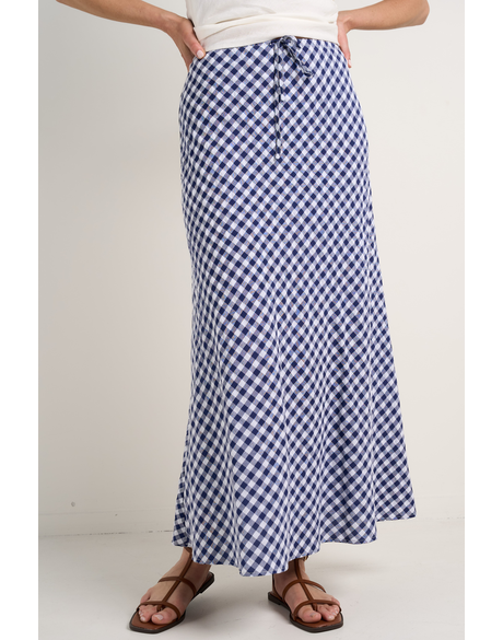 Summit Navy Gingham Tie Waist Bias Maxi Skirt