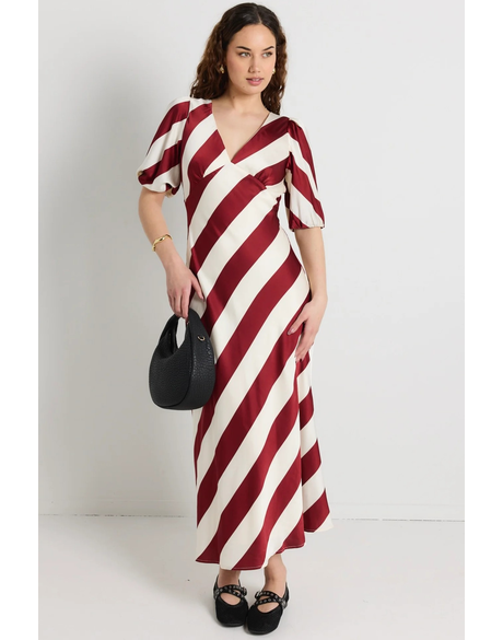 Amora Plum Stripe SS Bias Midi Dress