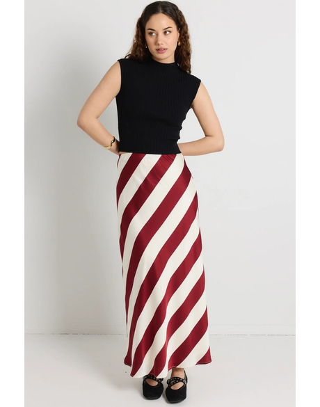 Fiery Plum Stripe Satin Bias Maxi Skirt 