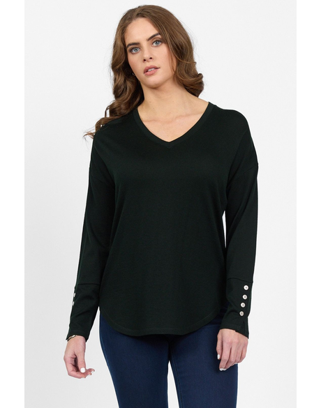 Merino V Neck Top with Button Cuff Detail