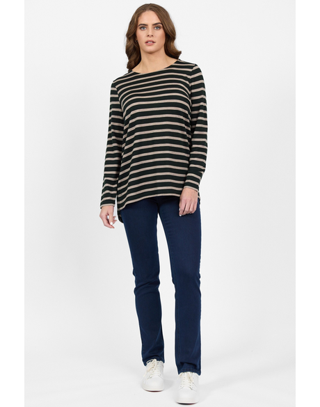 Merino Long Sleeve Top with Back Button Placket (Forest/Twig Stripe)