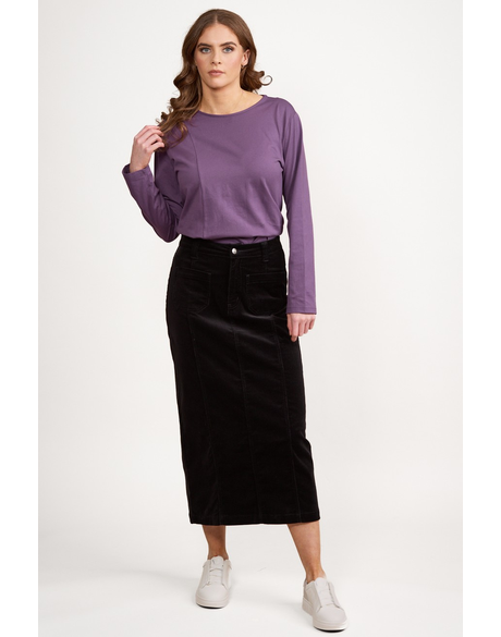 Mid Length Cord Skirt with Front Panel Seams 