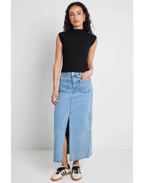 Zoey Sea Blue Pocket Front Denim Midi Skirt