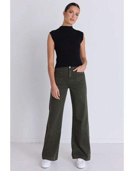 Zoey Dark Khaki High Rise Wide Leg Pocket Jean